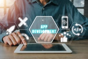 App development concept, Person hand using digital tablet with a