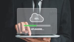 Upload data concept, Person hand using and waiting for cloud upl